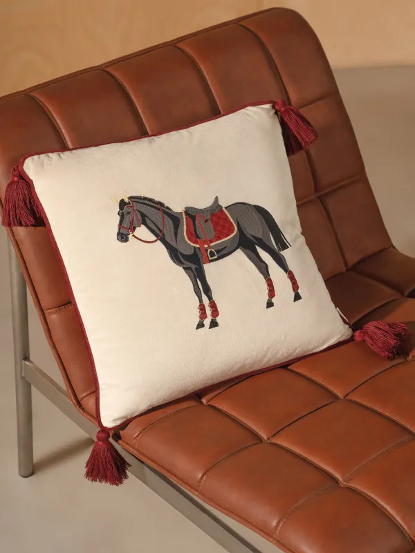 Decorative pillow, 45x45 cm, with tassels, velvet / lurex, burgundy-milk, Horse, Warhorse, image-4