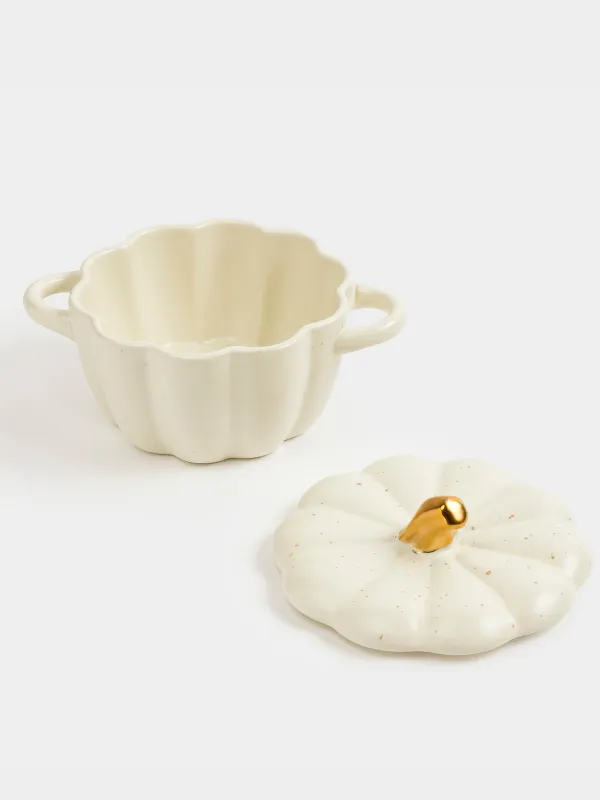 Cocotte, 11 cm, 340 ml, with lid, ceramic, milky golden, speckled, Pumpkin, Gourd, image-2