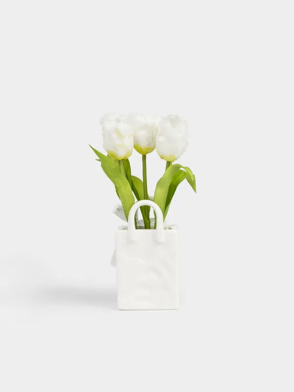 Artificial bouquet, 25 cm, in a vase, TPE / ceramic, White tulips, Tulip garden, image-3