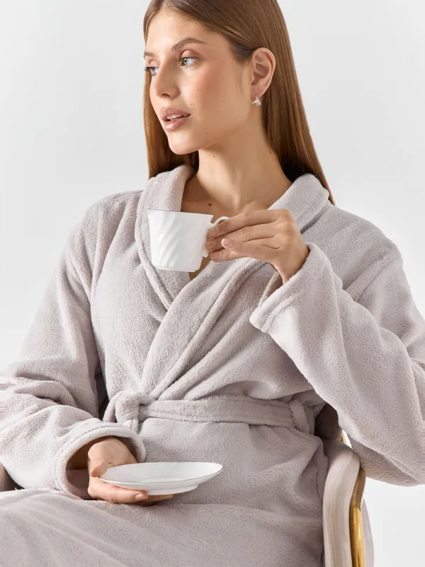 Women's robe, homewear, size S/M, with long sleeves, polyester, grey, Drew, image-8