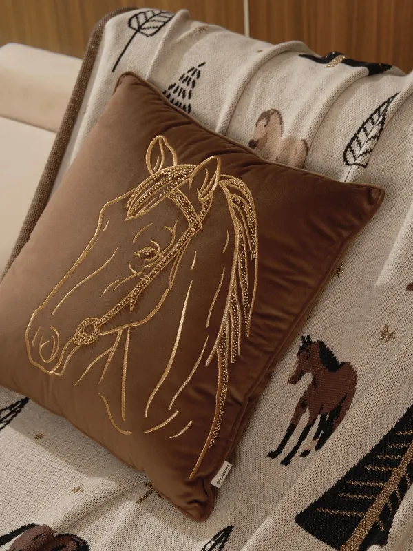 Decorative pillow, 45x45 cm, velvet / beads, brown, Horse, Horse, image-3