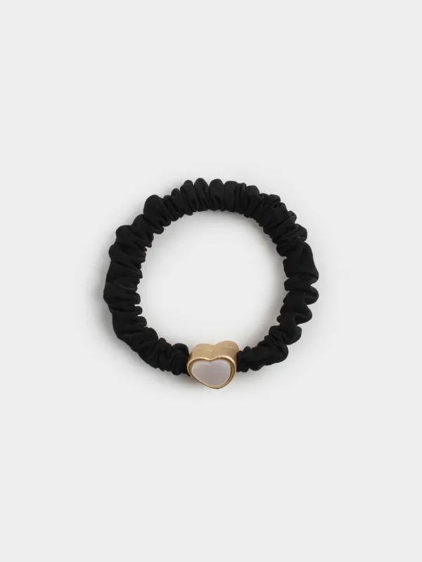 Hair tie, 6 cm, satin/plastic, black, Heart, Silk, image-0