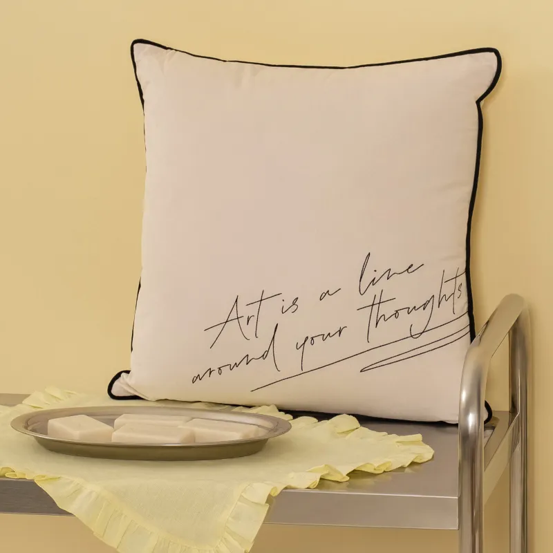 Decorative pillow, 45x45 cm, velvet, milky, Art is a line around your thoughts, Scroll