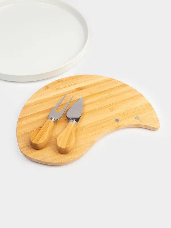 Cheese set, 4 items, dish-board on stand, ceramic / Bamboo, Circle, Cheese, image-5
