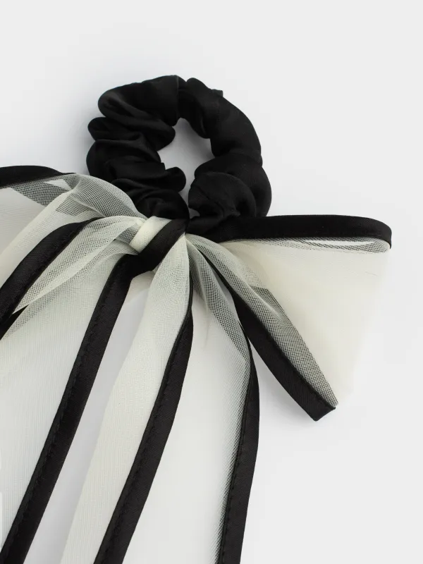 Elastic band for hair, 29 cm, with bow, polyester, beige-black, Hairstyle, image-1