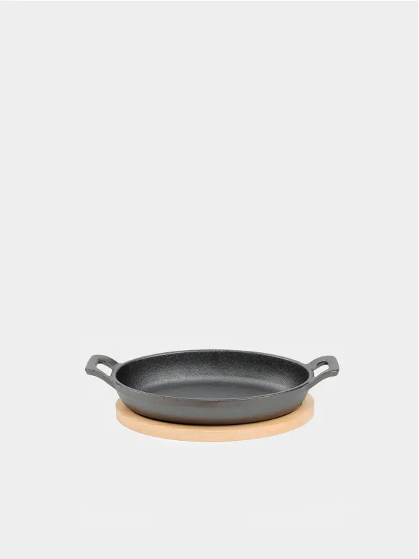 Frying pan, 18 cm, on a stand, with handles, cast iron / bamboo, oval, black, Authentic, image-0