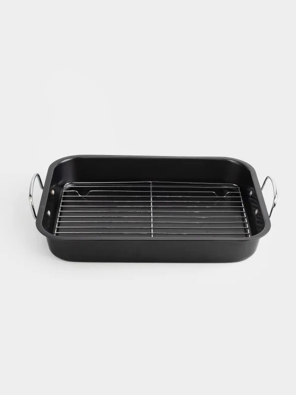 Baking tray, 37x29 cm, with handles and grill, coated, steel, black, BBQ, image-2