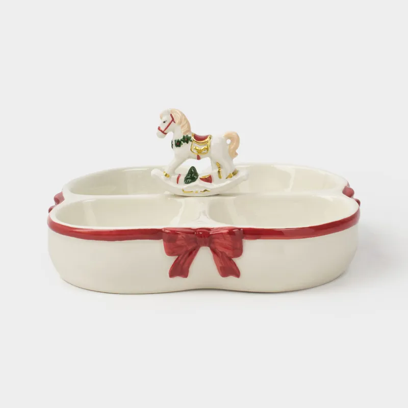 Divided plate, with decor, 24x11 cm, 4 compartments, ceramic, white and red, rocking horse, Christmas miracle classic