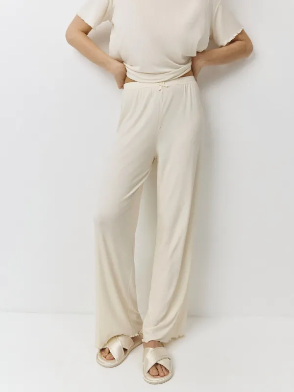 Women's trousers, homewear, size L, with ruffles, modal/spandex, milky, Rosemary, image-1