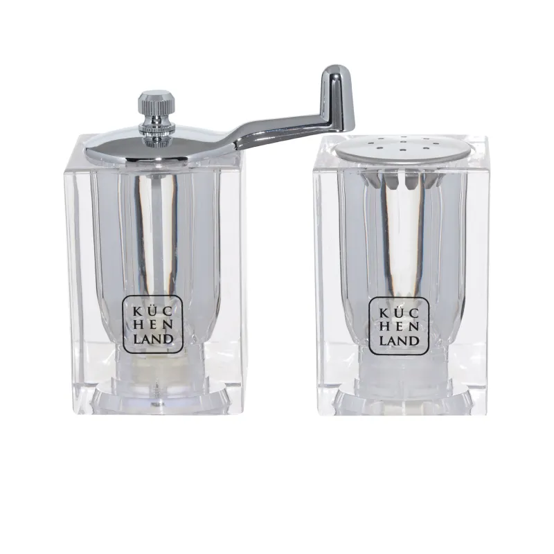 Salt and pepper set, 9 cm, with mill, acrylic/plastic, Cube