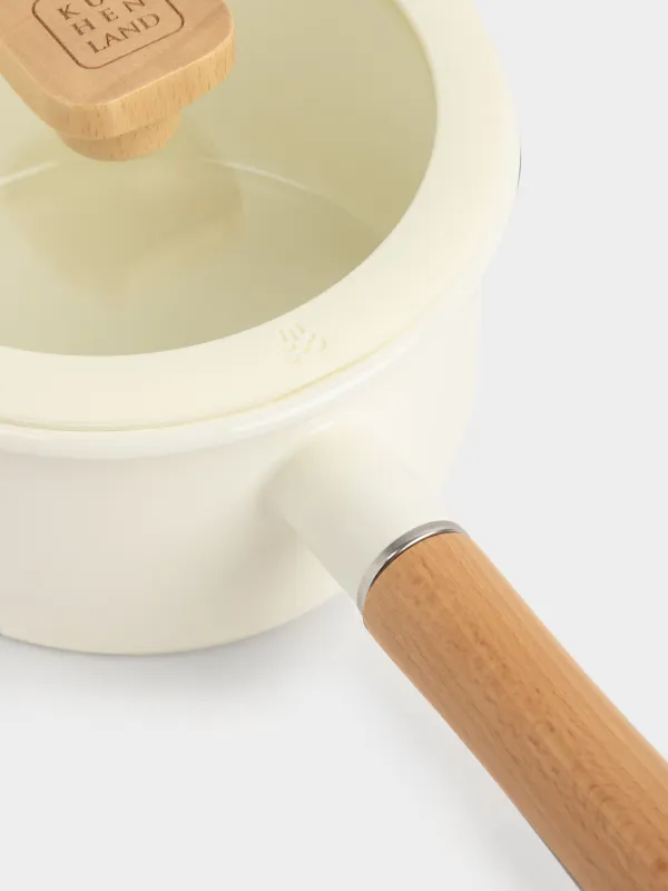 Saucepan, 16 cm, 1.6 l, with lid, enameled metal / wood, milky, Enamel wood, image-5