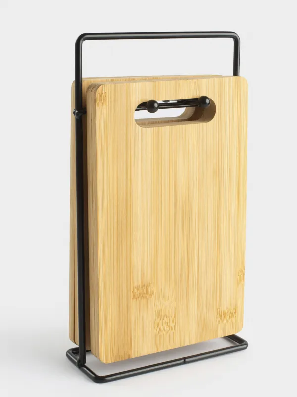 Cutting board, 22x14 cm, 4 pcs, on a stand, bamboo / steel, rectangular, Bamboo, image-0