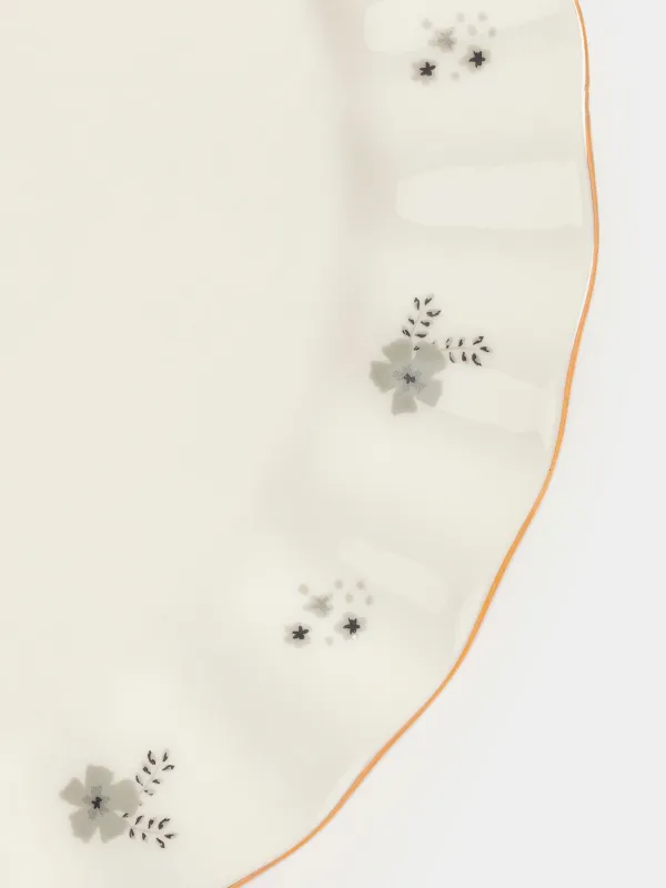 Dinner plate, 27 cm, porcelain P, milky, with golden edging, Grey flowers, Florals, image-2