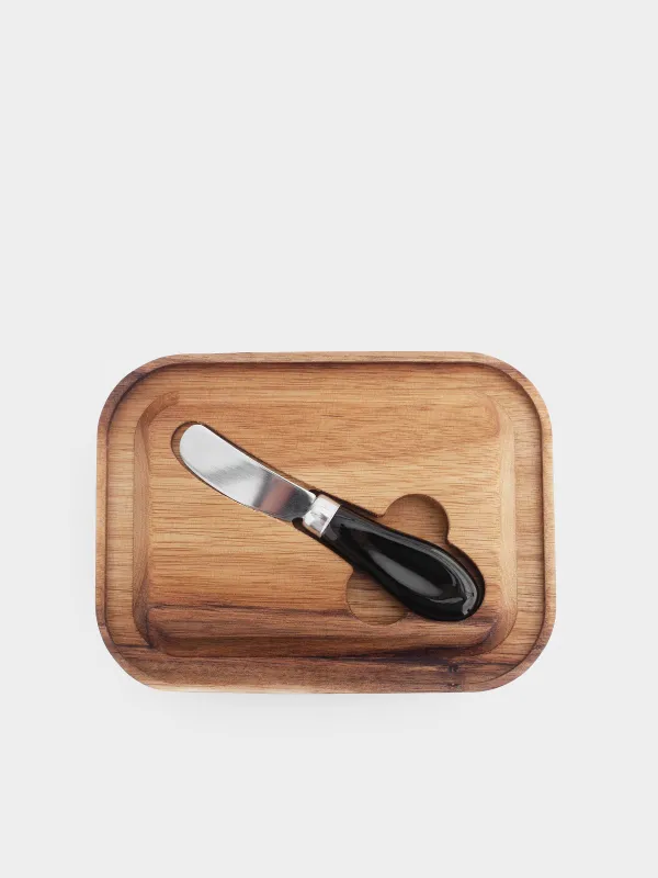 Butter dish, 18 cm, with knife, wood/glass / steel, rectangular, Noble tree, image-3