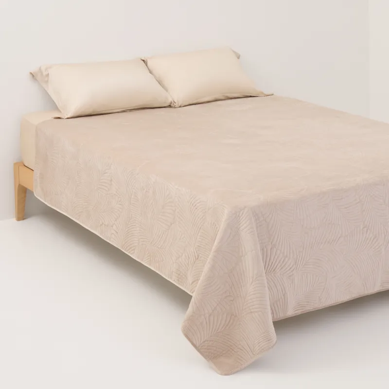 Bedspread, 220x240 cm, quilted, polyester, beige / gray, Palm leaf, Stitch velvet