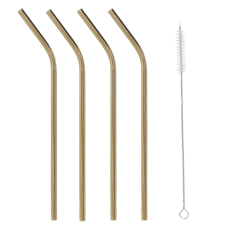 Drinking tube, 21 cm, 4 pcs, with brush, steel, golden, Classic gold, image-0