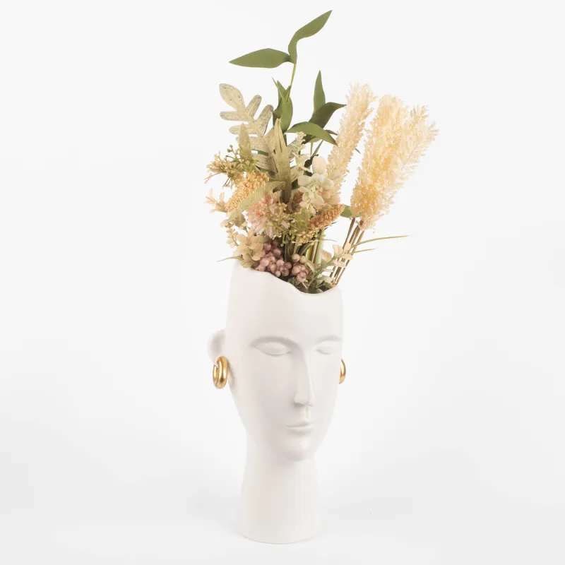 Flower vase, 34 cm, decorative, ceramic, white, Girl with golden earrings, Face, image-5