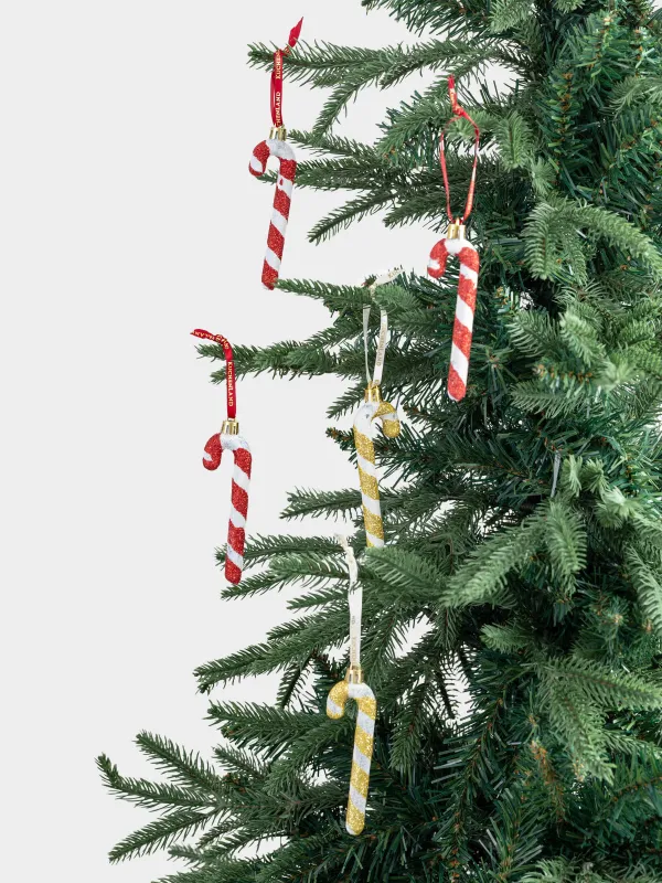 Christmas tree toy set, 7 cm, 10 pcs, plastic, with glitter, gold, Walking stick, Figure sparkle, image-4