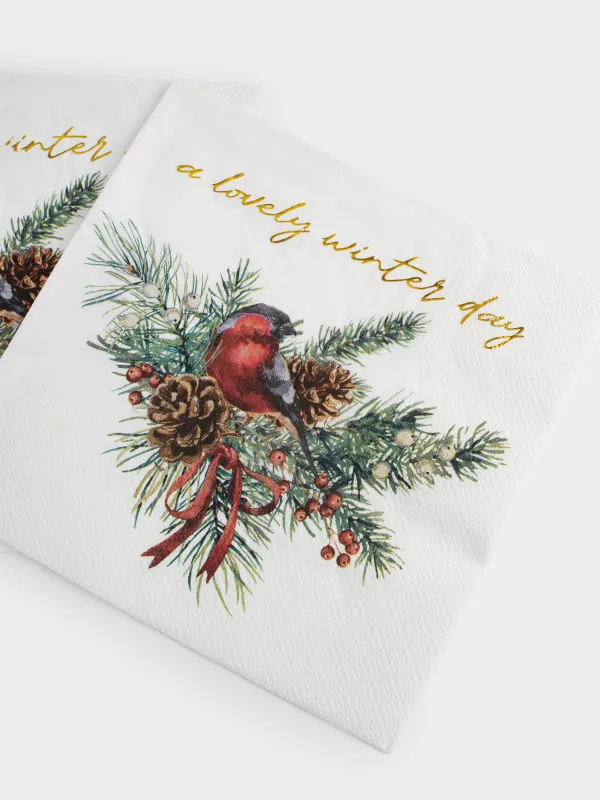 Paper napkins, 33x33 cm, 20 pcs, square, white, Bullfinch on a branch, Christmas miracle, image-3