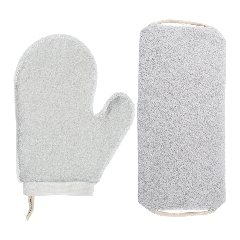Shower set, 2 pcs, washcloth-band/washcloth-mitten, nylon / cotton, gray-blue, Unique spa