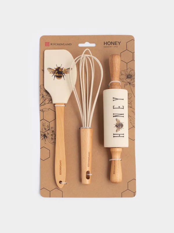 Baking set, 3 items, spatula /whisk/Rolling pin, silicone / wood, beige, Bumblebee, Honey, image-4
