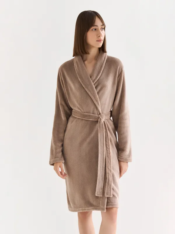 Women's robe, homewear, size L-XL, Long sleeve, polyester, mocha, Drew, image-1