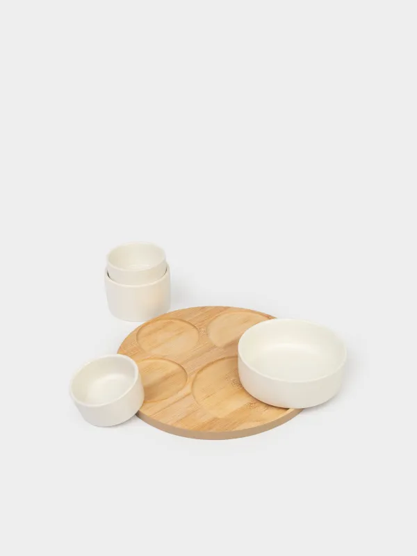 Snack set, 4 pcs, on a stand, ceramic / bamboo, white, round bowls, Bamboo, image-4