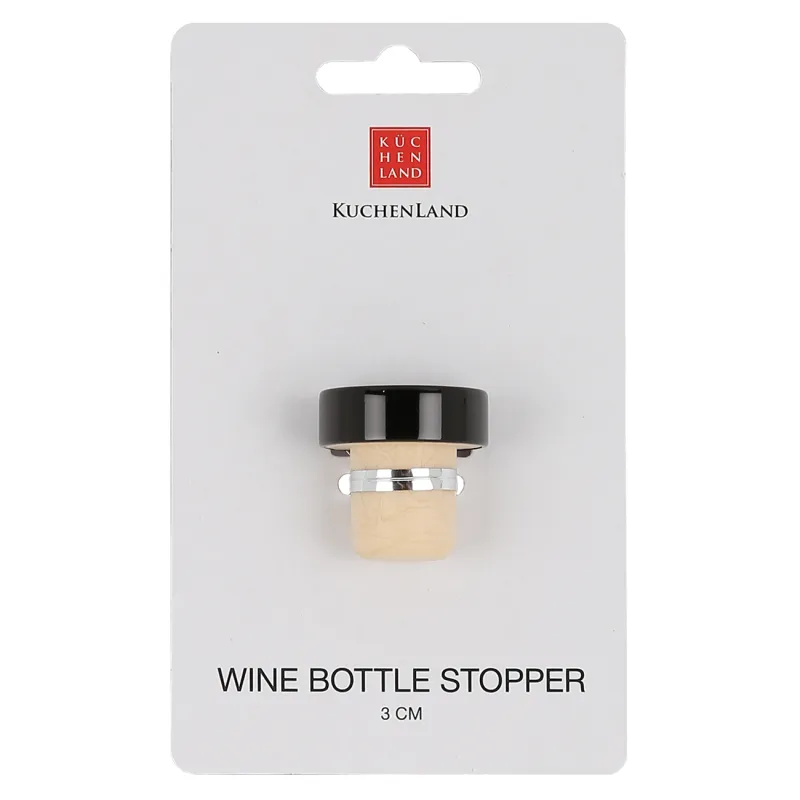 Wine bottle stopper, 3 cm, cork/metal, Black, Button, image-1