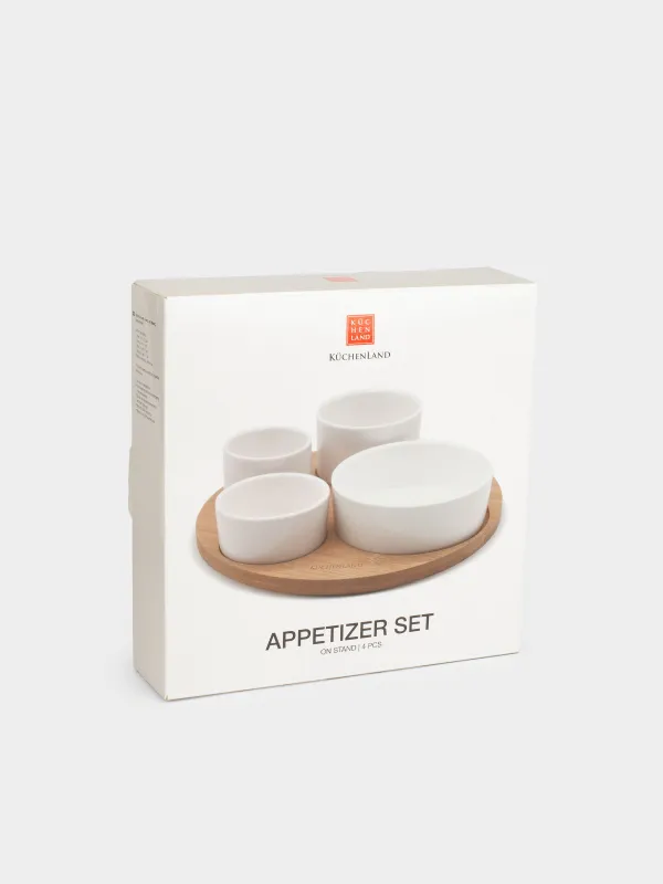 Snack set, 4 pcs, on a stand, ceramic / bamboo, white, round bowls, Bamboo, image-6