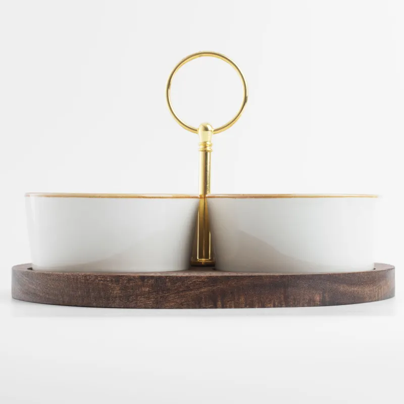 Snack set, 3 items, on a stand, with handle, ceramic / wood, milky, Noble tree , image-2