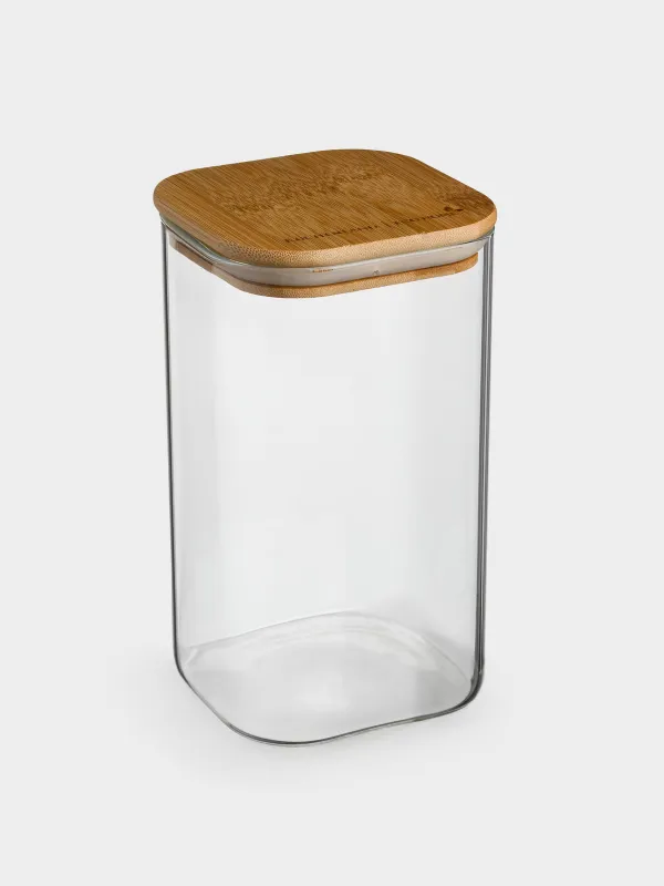 Bulk products jar, 1.1 l, glass / bamboo, square, Home made, image-1