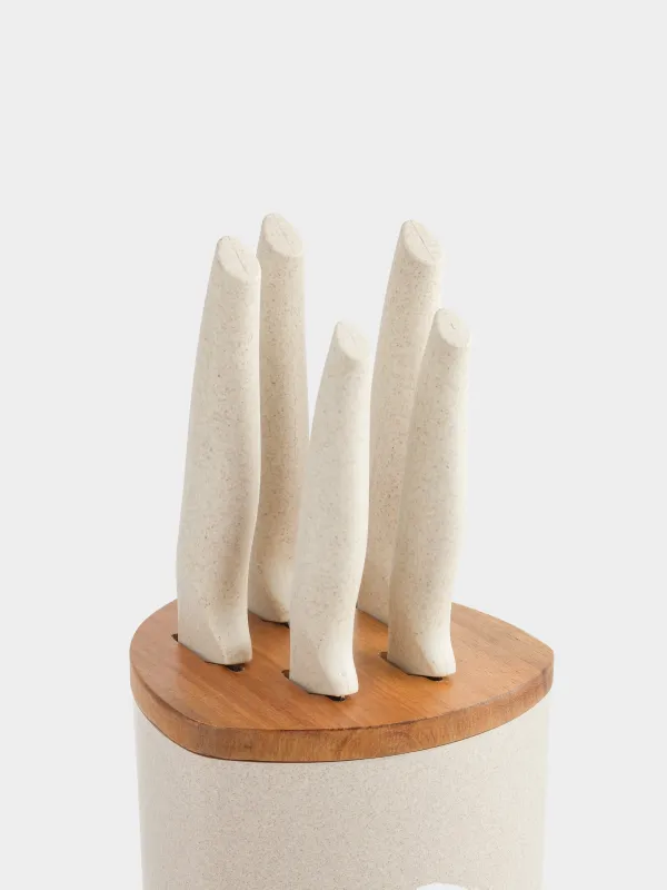 Knife set, 5 items, in stand, steel / plastic / wood, Cream, Major, image-1