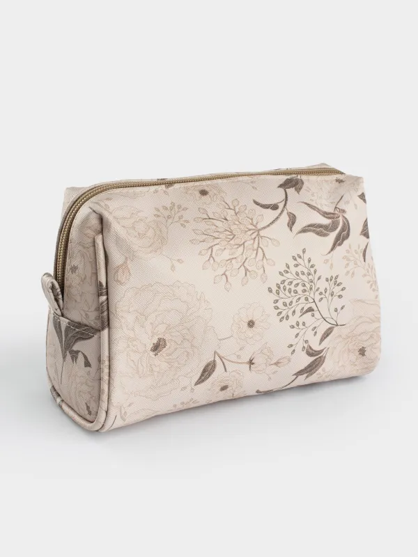 Cosmetic bag, 21x13 cm, polyurethane, beige, Brown flowers, Brown flowers, image-3
