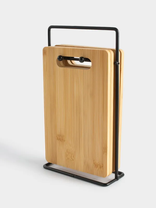 Cutting board, 22x14 cm, 4 pcs, on a stand, bamboo / steel, rectangular, Bamboo, image-4