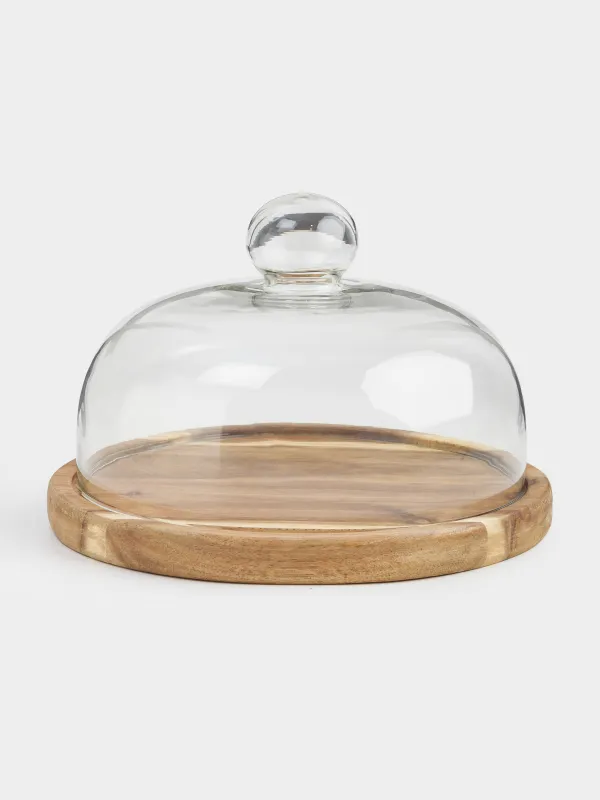 Dish with lid, 23x15 cm, wood/glass, round, image-0