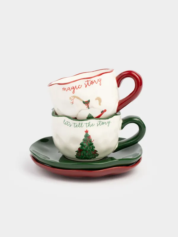 Tea pair, 240 ml, 2 persons, 4 items, ceramic, Christmas tree with bows/Horse, Christmas green, image-0