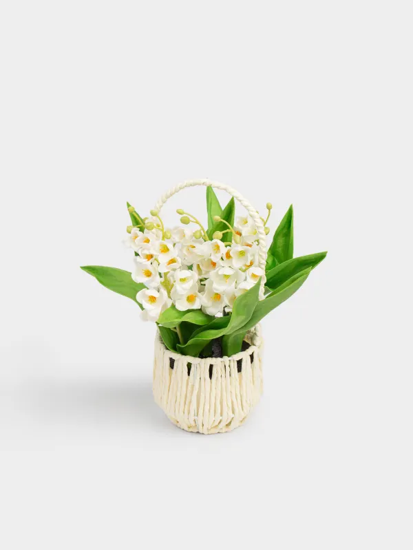 Artificial plant, 25 cm, in a basket, polyurethane / PVC, White lilies of the valley, May-lily, image-3