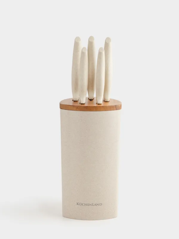 Knife set, 5 items, in stand, steel / plastic / wood, Cream, Major, image-6
