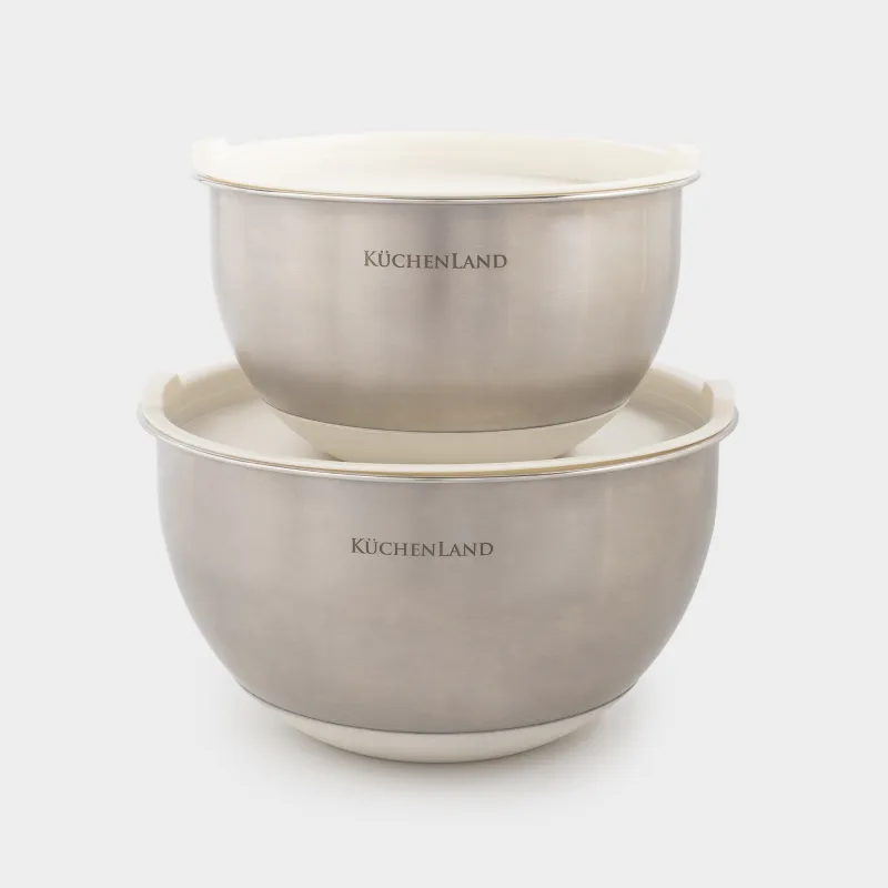 Bowl, 2/3 l, 2 pcs, with lid, anti-slip bottom, steel / plastic, beige, Terra