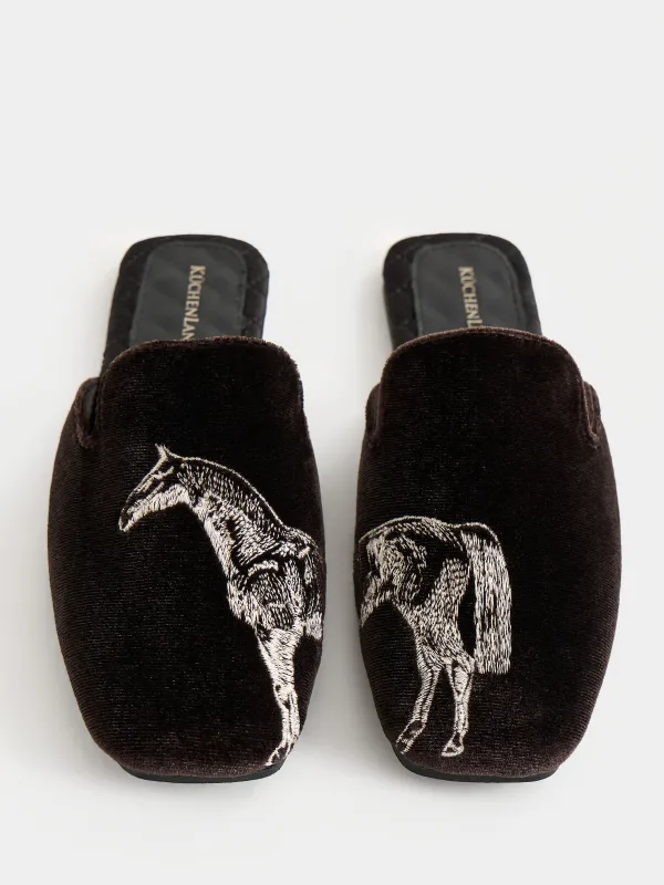 Women's slippers, homewear, size 36-37, velvet / satin / PU leather, brown, Horse, Slippers horse, image-2