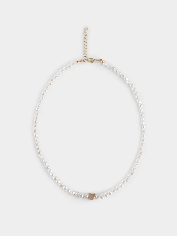 Choker, 38 cm, plastic / glass, white and gold, Heart, Pearl heart, image-0