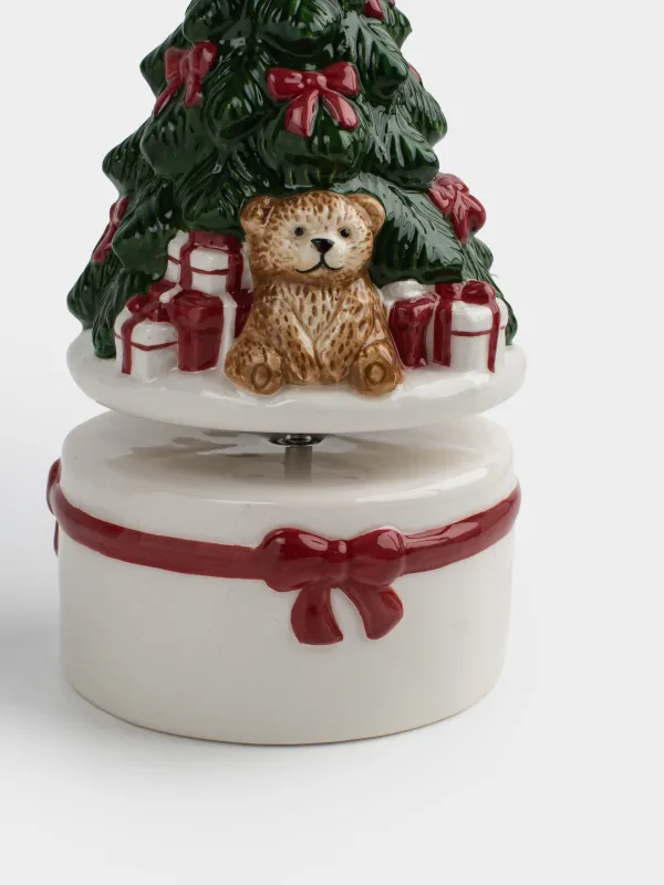 Statuette, musical, 15 cm, wind-up, ceramic, Bear and horse by the fir tree, Christmas traditions, image-2