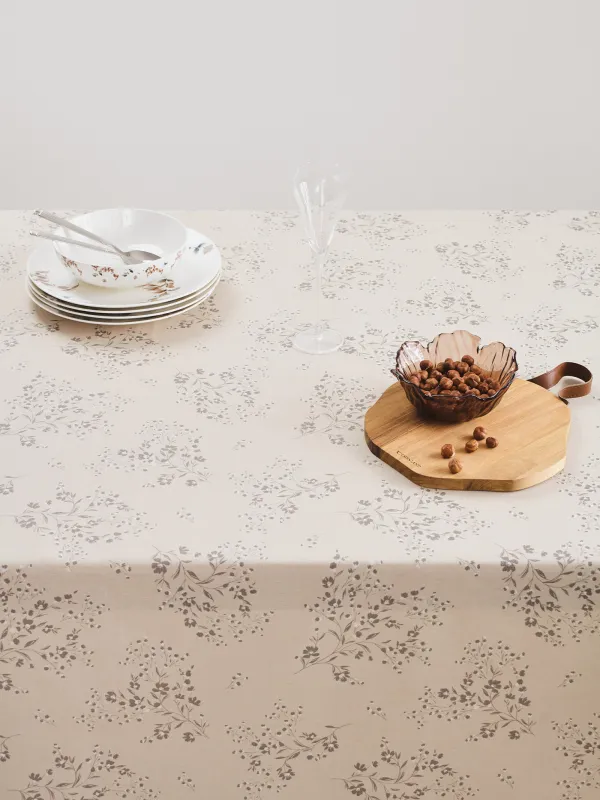 Tablecloth, 160x160 cm, PU coated, polyester / viscose / linen, beige, Branches with flowers, Branches, image-1