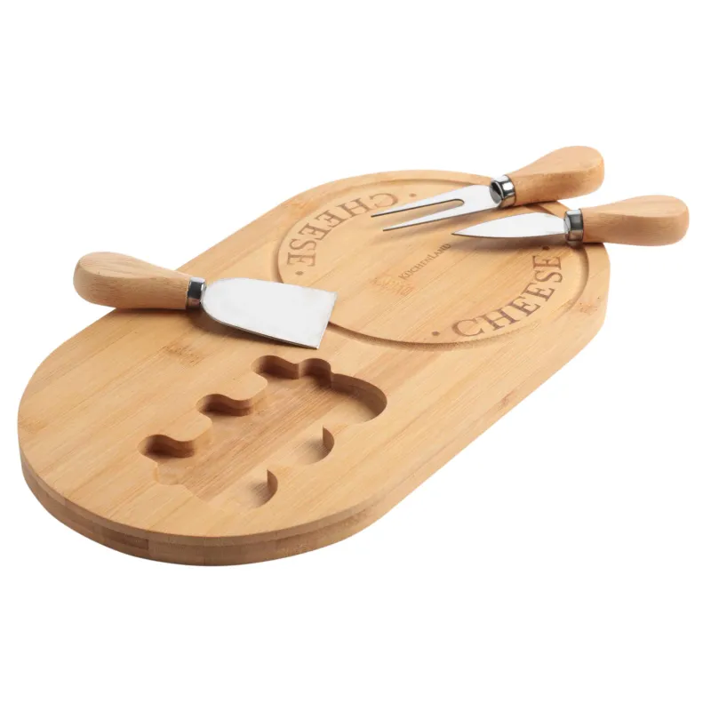 Cheese set, 4 pcs, stand board, Steel / Bamboo, Oval, Cheese, image-1
