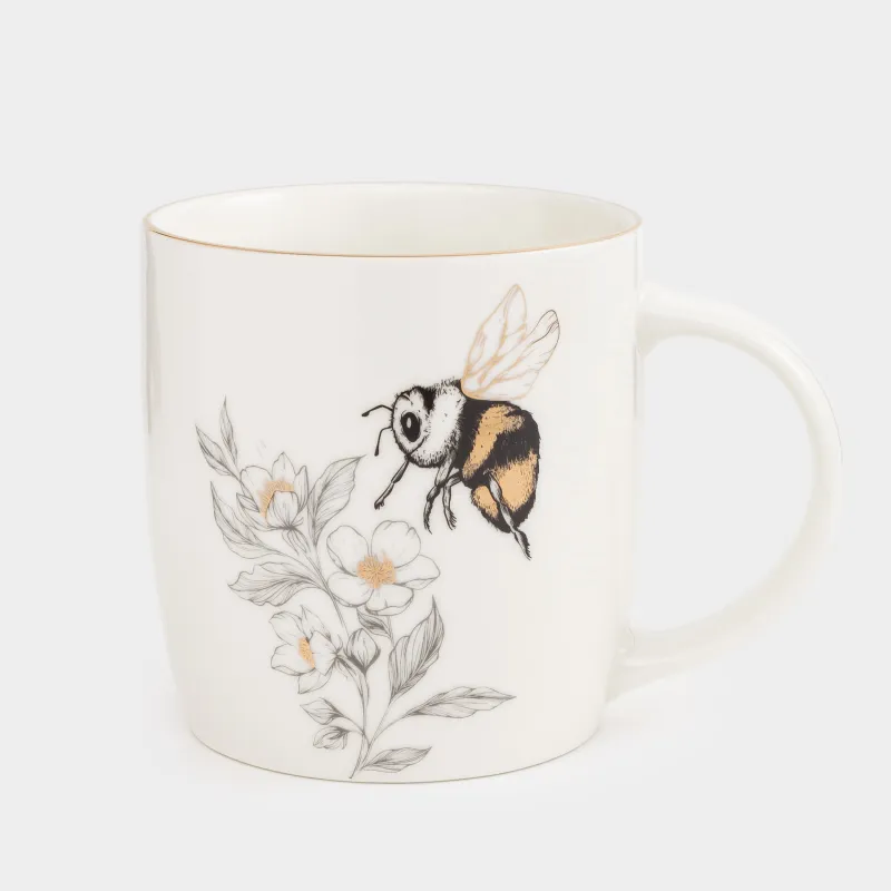 Mug, 380 ml, porcelain N, white, with golden edging, Bumblebee with flower, Bugs