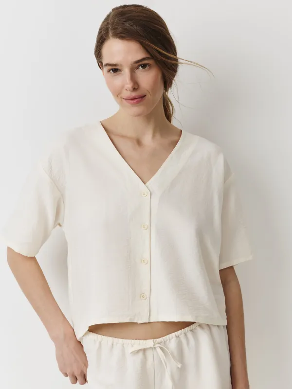 Women's shirt, homewear, size L, short sleeve, polyester, milky, Marlla, image-0