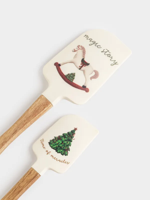 Spatula, 2 pcs, silicone / wood, white, Pomegranates and oranges, Christmas miracle, image-3