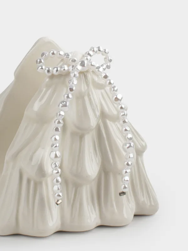 Napkin holder, 8 cm, ceramic / beads, milky, Spruce with bow, Pearl Antarctica, image-1