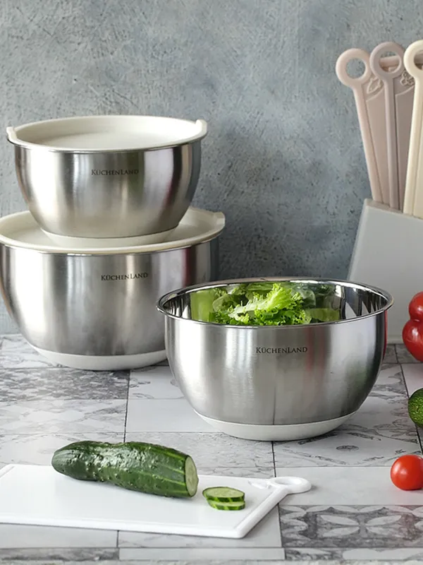 A bowl, 2,5/3/4,5 l, 3 pcs, with lid, anti-slip bottom, steel / plastic, beige, Terra , image-1