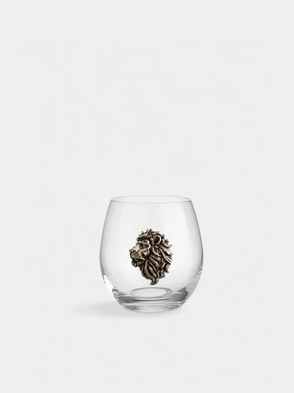 Drinking glass, 10 cm, 440 ml, glass / metal, Golden lion, Lux elements, image-0